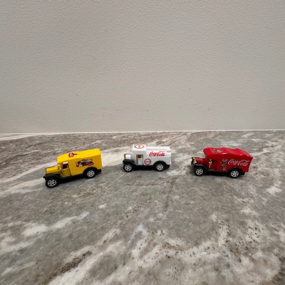 Coca-Cola Other - Coca-Cola Vintage Diecast Delivery Truck Set of 3 Red White Yellow Santa Claus